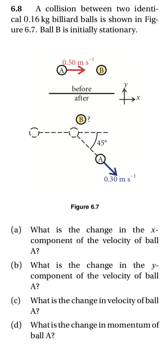 A collision between two identi-
cal 0.16 kg billiard balls is shown in Fig-
ure 6.7. Ball B is initially stationary.
6.8
_0.50 m s
(B
before
after
B)?
45°
-1
0.30 m s
Figure 6.7
(a) What is the change in the x-
component of the velocity of ball
A?
(b) What is the change in the y-
component of the velocity of ball
A?
(c) What is the change in velocity of ball
А?
(d) What is the change in momentum of
ball A?
