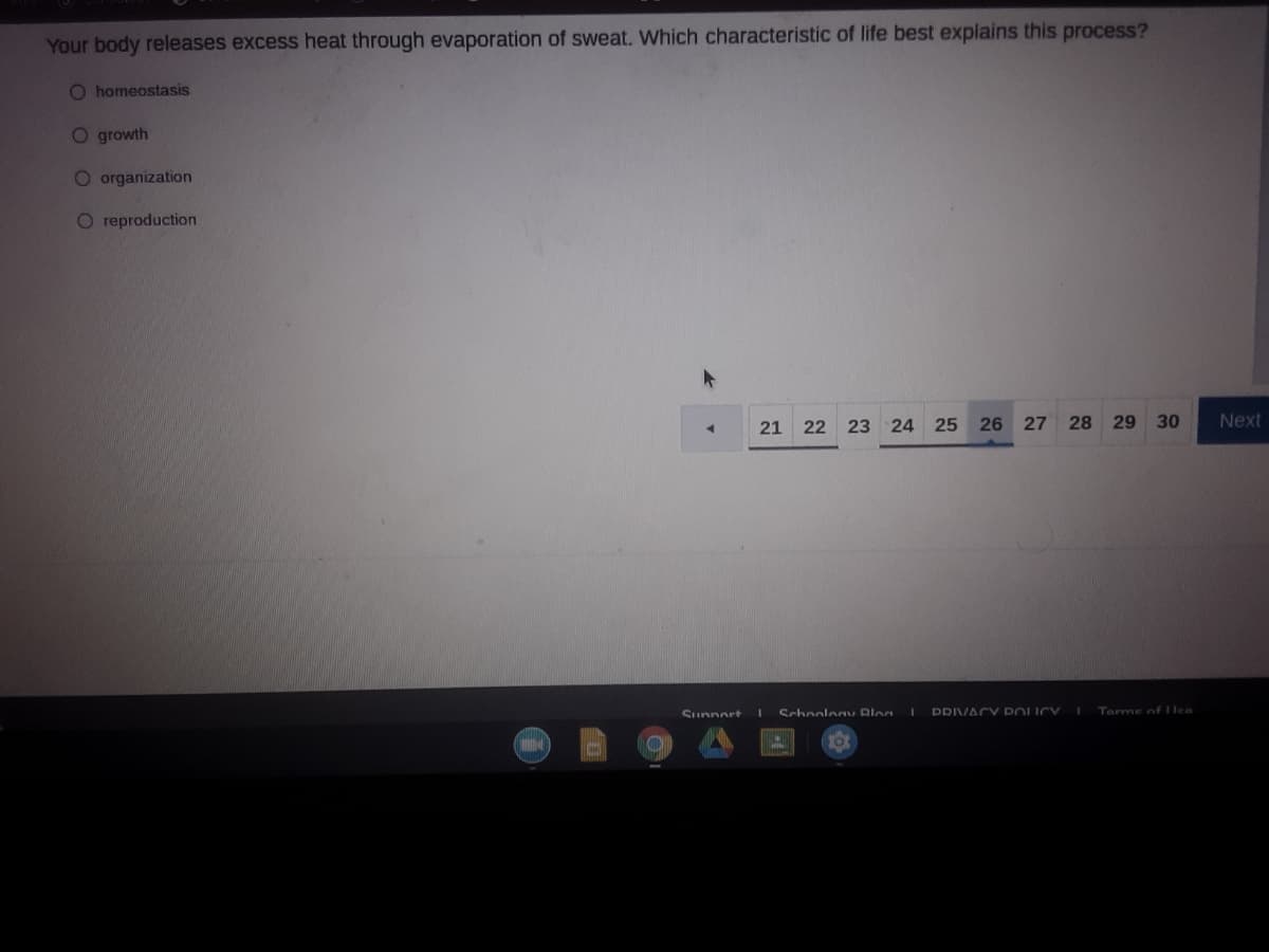 Your body releases excess heat through evaporation of sweat. Which characteristic of life best explains this process?
O homeostasis
O growth
O organization
O reproduction
21 22 23 24 25 26 27
28 29
30
Next
Sunnort
Schoologv Rlon
DRIVACY POLICY
Terme ofFllee
