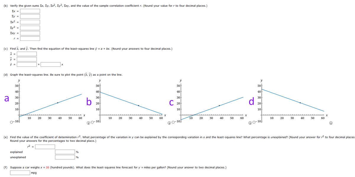 (b) Verify the given sums Ex, Ey, Ex?, Ey?, Exy, and the value of the sample correlation coefficient r. (Round your value for r to four decimal places.)
Σχ -
Ey =
Ex2 =
Ey2 =
Σχy -
r =
(c) Find x, and y. Then find the equation of the least-squares line ý = a + bx. (Round your answers to four decimal places.)
X =
y =
(d) Graph the least-squares line. Be sure to plot the point (x, y) as a point on the line.
y
y
y
50
50
50
50
40
40
40
40
a
30
30
30
30
С 201
d
20
20
20
10
10
10
10
10
20
30
40
50
60
10
20
30
40
50
60
10
20
30
40
50
60
10
20
30
40
50
60
O-10
O0-10
@0-10
O-10
(e) Find the value of the coefficient of determination r2. What percentage of the variation in y can be explained by the corresponding variation in x and the least-squares line? What percentage is unexplained? (Round your answer for 2 to four decimal places.
Round your answers for the percentages to two decimal place.)
2 =
explained
%
unexplained
%
(f) Suppose a car weighs x = 35 (hundred pounds). What does the least-squares line forecast for y = miles per gallon? (Round your answer to two decimal places.)
mpg
