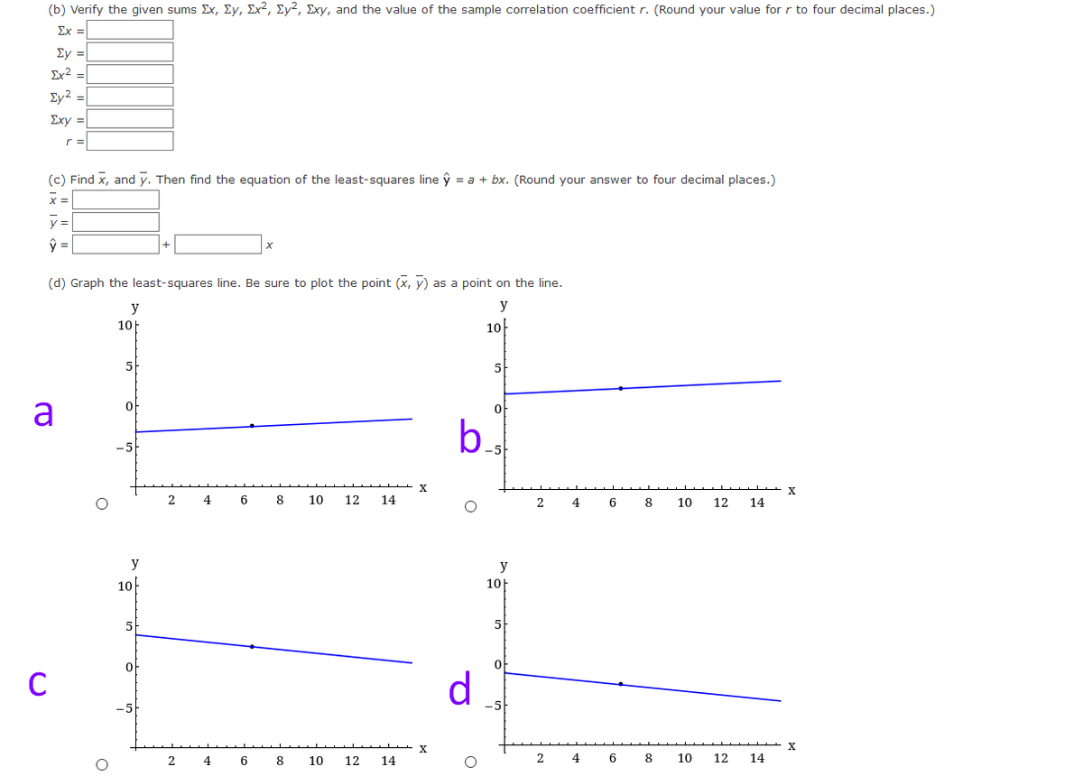 (b) Verify the given sums Ex, Ey, Ex?, Ey?, Exy, and the value of the sample correlation coefficient r. (Round your value for r to four decimal places.)
Ex =
Ey =
Ex2 =
Ey2 =
Σχy
r =
(c) Find x, and y. Then find the equation of the least-squares line ý = a + bx. (Round your answer to four decimal places.)
x =
y=
(d) Graph the least-squares line. Be sure to plot the point (x, y) as a point on the line.
y
y
10F
10
5
5
a
b.
-5
2
4
8
10
12
14
2
4
8
10
12
14
y
10
10H
5
5
d
2
4
6.
8
10
12
14
4
6.
8
10
12
14
