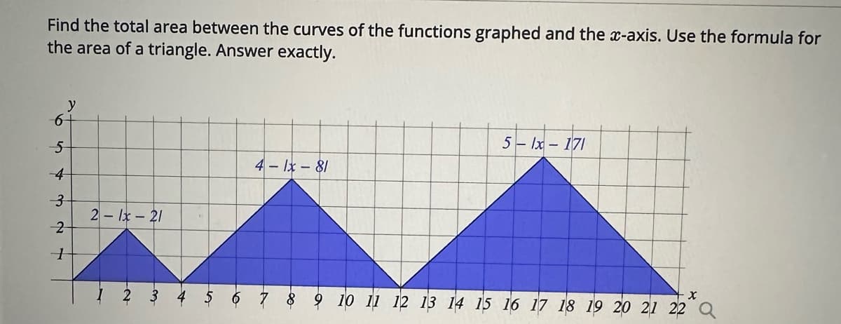 Find the total area between the curves of the functions graphed and the x-axis. Use the formula for
the area of a triangle. Answer exactly.
-6
y
5
4
3
2
1
2-1-21
1 2 3
4-1-81
5-lx-171
X
9 10 11 12 13 14 15 16 17 18 19 20 21 22 Q