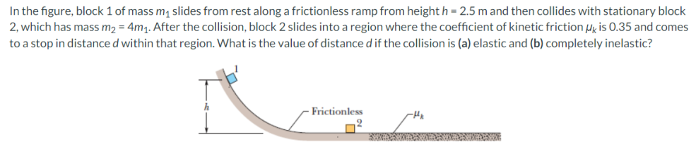 In the figure, block 1 of mass m1 slides from rest along a frictionless ramp from height h = 2.5 m and then collides with stationary block
2, which has mass m, = 4m1. After the collision, block 2 slides into a region where the coefficient of kinetic friction Hy is 0.35 and comes
to a stop in distance d within that region. What is the value of distance d if the collision is (a) elastic and (b) completely inelastic?
Frictionless
