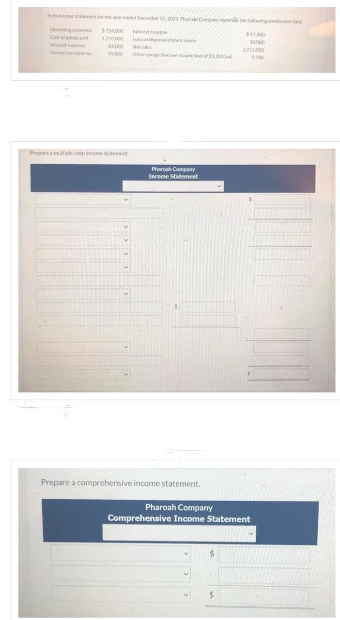 In its income statement for the year ended December 31, 2022. Pharoah Company reported the following condensed data.
$734,000
1.270.000
$47,000
30,000
84,000
2,213,000
9,700
59,000
Operating expenses
Cost of goods sold
Interest expense
Income tax expense
Prepare a multiple-step income statement.
Interest revenue
Loss on disposal of plant assets
Net sales
Other comprehensive income (net of $1.200 fax)
Pharoah Company
Income Statement
$
Prepare a comprehensive income statement.
Pharoah Company
Comprehensive Income Statement
$
$
$
V