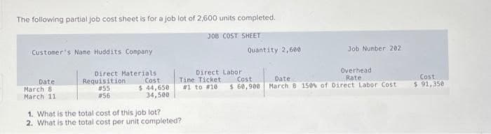 The following partial job cost sheet is for a job lot of 2,600 units completed.
JOB COST SHEET
Customer's Name Huddits Company
Direct Materials
Cost
Date
March 8
March 11
Requisition
# 55
#56
$ 44,650
34,500
Direct Labor
Time Ticket
#1 to #10
1. What is the total cost of this job lot?
2. What is the total cost per unit completed?
Quantity 2,600
Cost
$ 60,900
Job Number 202
Overhead
Rate
Date
March 8 150% of Direct Labor Cost
Cost
$ 91,350