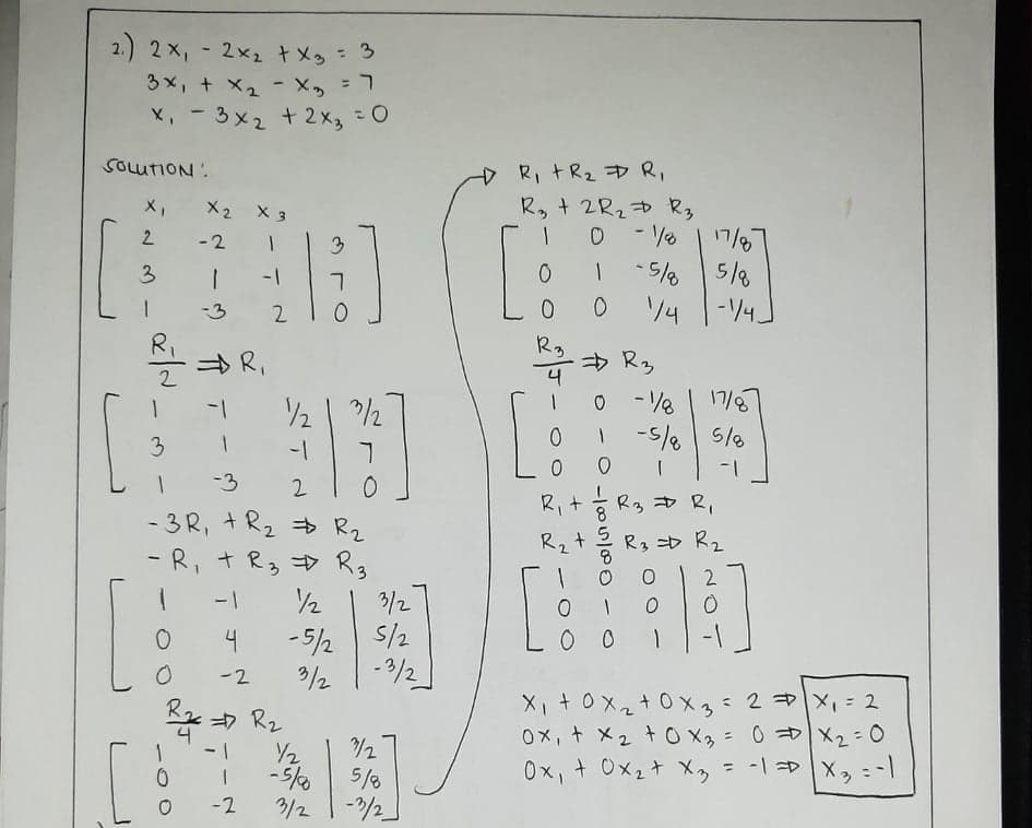 2.)2×, - 2x2 tメ, : 3
%3D
3 x, + x2 -X, =
X,-3x, +2x, こ0
%3D
SOUTION:
R」+R2 ヤ R」
R, + 2R2D R,
17/5
5/8
メ」
X2 X 3
2
-2
3
3
2.
リ4
-/4.
-3
Ri
A R,
支 Ry
2
17/6
ソ/2
-3
2
R,+
R3 R,
- 3R, +R2 Rz
-R, +R3 D R3
/2
Rz
Rz D R2
2
3/2
S/2
-|
-5/2
3/2
4
-2
X」+0×at0メ 2 ×=2
0×,+ メ2 t0X,= 0 |×2-0
0x,+ Ox2t X,= -1 |xっ-|
/2
> R2
Y2
%3D
/2
5/8
-/2
- 1
0x,t Oxzt メ,
-2
3/2
ー|oleO
の
