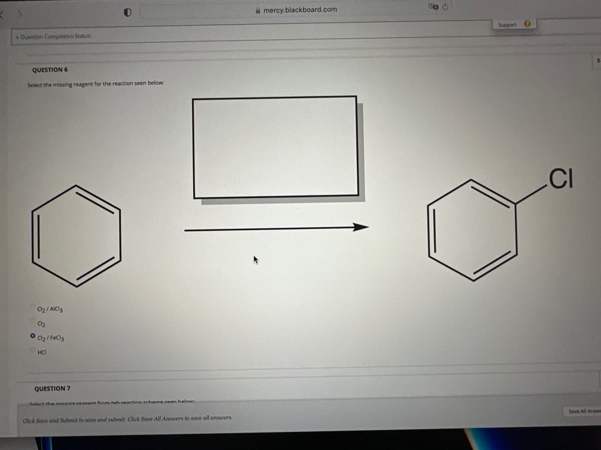 K
Question Completion Status:
QUESTION 6
Select the missing reagent for the reaction seen below:
Cl₂/AIC13
C1₂
ⒸCl₂/FeCl3
HCI
QUESTION 7
Salert the miceina raanant from tah raaction echama caan haloue
Click Save and Submit to save and submit. Click Save All Answers to save all answers.
mercy.blackboard.com
F
Support ?
CI
Save All Answ