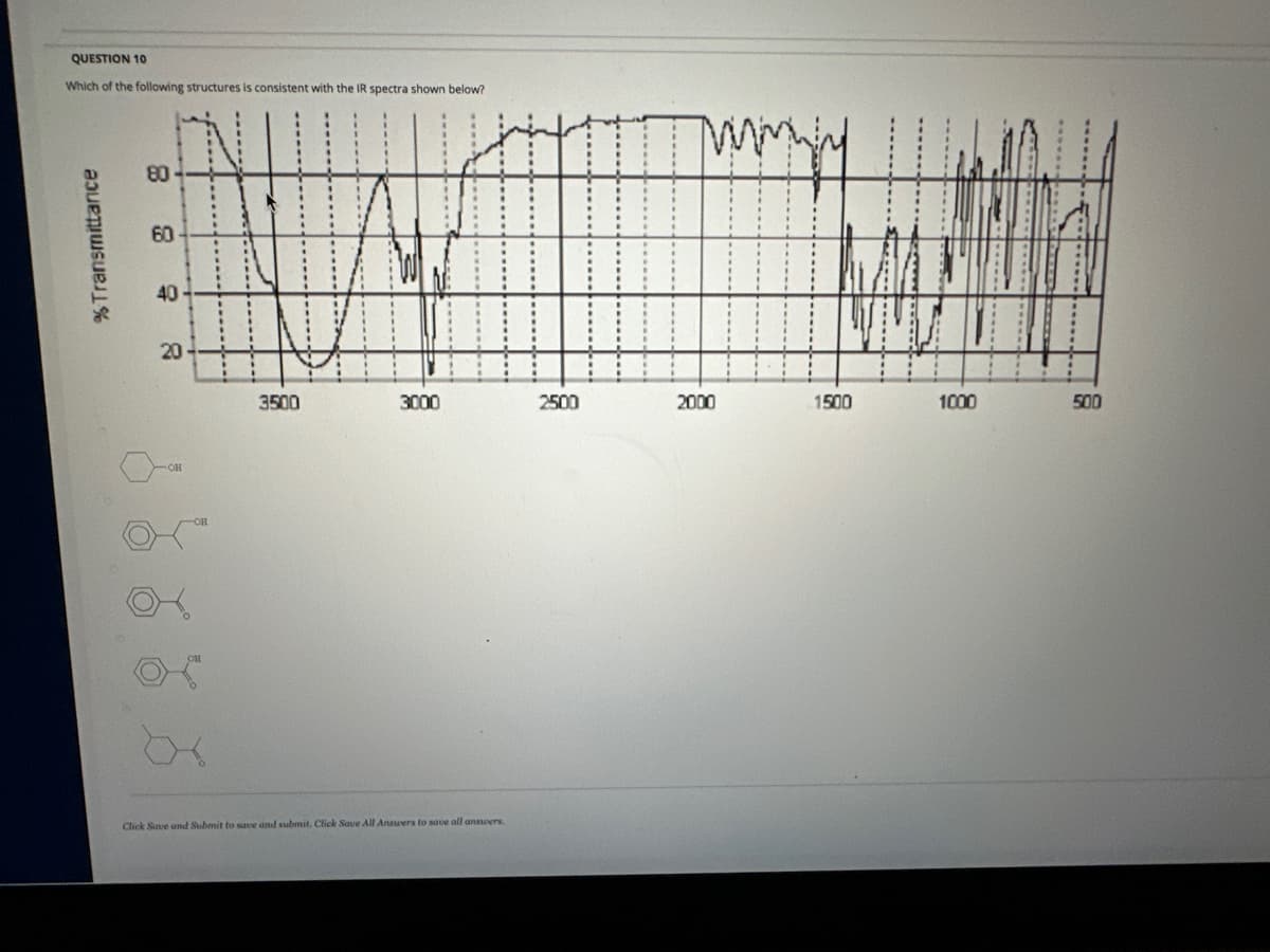 QUESTION 10
Which of the following structures is consistent with the IR spectra shown below?
% Transmittance
80-
60
40-
20
3500
3000
Click Save and Submit to save and submit, Click Save All Answers to save all answers.
2500
2000
1500
1000
***...
500