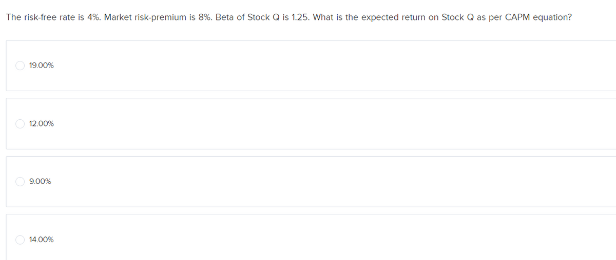 The risk-free rate is 4%. Market risk-premium is 8%. Beta of Stock Q is 1.25. What is the expected return on Stock Q as per CAPM equation?
19.00%
12.00%
9.00%
14.00%