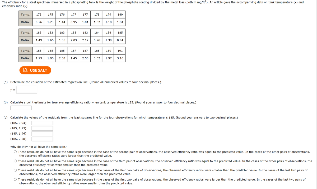 The efficiency for a steel specimen immersed in a phosphating tank is the weight of the phosphate coating divided by the metal loss (both in mg/ft2). An article gave the accompanying data on tank temperature (x) and
efficiency ratio (y).
Temp.
173
175
176
177
177
178
179
180
Ratio
0.76
1.23
1.44
0.95
1.01
1.02
1.10
1.84
Temp.
183
183
183
183
183
184
184
185
Ratio
1.49
1.66
1.55
2.03
2.17
0.76
1.39
0.94
Temp.
185
185
185
187
187
188
189
191
Ratio
1.73
1.96
2.58
1.45
2.56
3.02
1.97
3.16
In USE SALT
(a) Determine the equation of the estimated regression line. (Round all numerical values to four decimal places.)
y =
(b) Calculate a point estimate for true average efficiency ratio when tank temperature is 185. (Round your answer to four decimal places.)
(c) Calculate the values of the residuals from the least squares line for the four observations for which temperature is 185. (Round your answers to two decimal places.)
(185, 0.94)
(185, 1.73)
(185, 1.96)
(185, 2.58)
Why do they not all have the same sign?
These residuals do not all have the same sign because in the case of the second pair of observations, the observed efficiency ratio was equal to the predicted value. In the cases of the other pairs of observations,
the observed efficiency ratios were larger than the predicted value.
These residuals do not all have the same sign because in the case of the third pair of observations, the observed efficiency ratio was equal to the predicted value. In the cases of the other pairs of observations, the
observed efficiency ratios were smaller than the predicted value.
These residuals do not all have the same sign because in the cases of the first two pairs of observations, the observed efficiency ratios were smaller than the predicted value. In the cases of the last two pairs of
observations, the observed efficiency ratios were larger than the predicted value.
These residuals do not all have the same sign because in the cases of the first two pairs of observations, the observed efficiency ratios were larger than the predicted value. In the cases of the last two pairs of
observations, the observed efficiency ratios were smaller than the predicted value.

