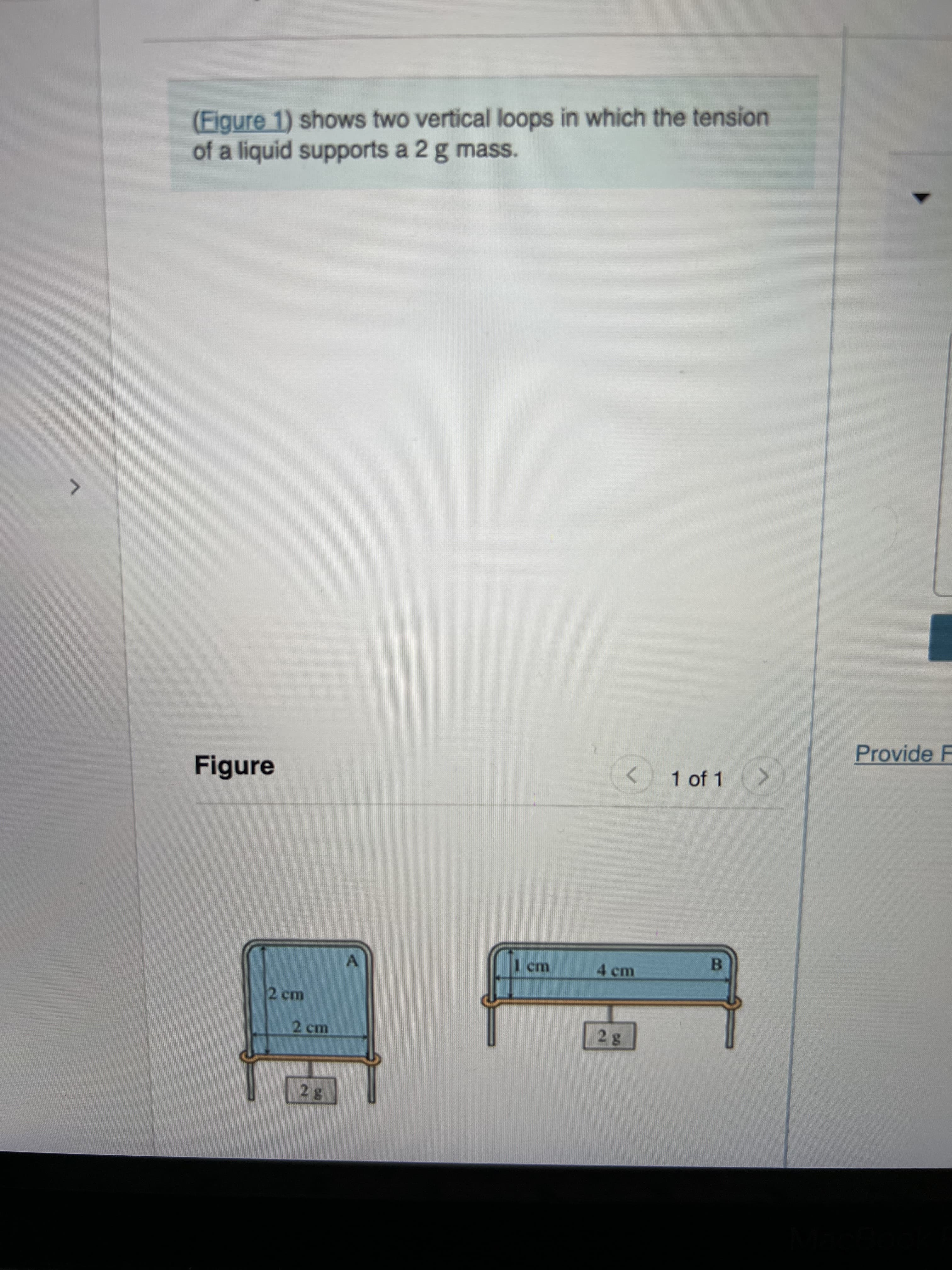 2.
(Figure 1) shows two vertical loops in which the tension
of a liquid supports a 2 g mass.
Provide F
Figure
<>
1 of 1>
cm
4 cm
B.
2 cm
2 cm
