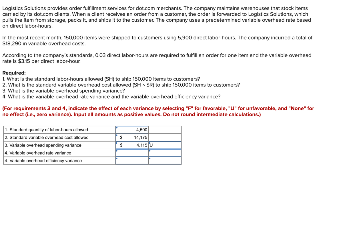 Logistics Solutions provides order fulfillment services for dot.com merchants. The company maintains warehouses that stock items
carried by its dot.com clients. When a client receives an order from a customer, the order is forwarded to Logistics Solutions, which
pulls the item from storage, packs it, and ships it to the customer. The company uses a predetermined variable overhead rate based
on direct labor-hours.
In the most recent month, 150,000 items were shipped to customers using 5,900 direct labor-hours. The company incurred a total of
$18,290 in variable overhead costs.
According to the company's standards, 0.03 direct labor-hours are required to fulfill an order for one item and the variable overhead
rate is $3.15 per direct labor-hour.
Required:
1. What is the standard labor-hours allowed (SH) to ship 150,000 items to customers?
2. What is the standard variable overhead cost allowed (SH × SR) to ship 150,000 items to customers?
3. What is the variable overhead spending variance?
4. What is the variable overhead rate variance and the variable overhead efficiency variance?
(For requirements 3 and 4, indicate the effect of each variance by selecting "F" for favorable, "U" for unfavorable, and "None" for
no effect (i.e., zero variance). Input all amounts as positive values. Do not round intermediate calculations.)
1. Standard quantity of labor-hours allowed
4,500
2. Standard variable overhead cost allowed
$
14,175
3. Variable overhead spending variance
$
4,115 U
4. Variable overhead rate variance
4. Variable overhead efficiency variance
