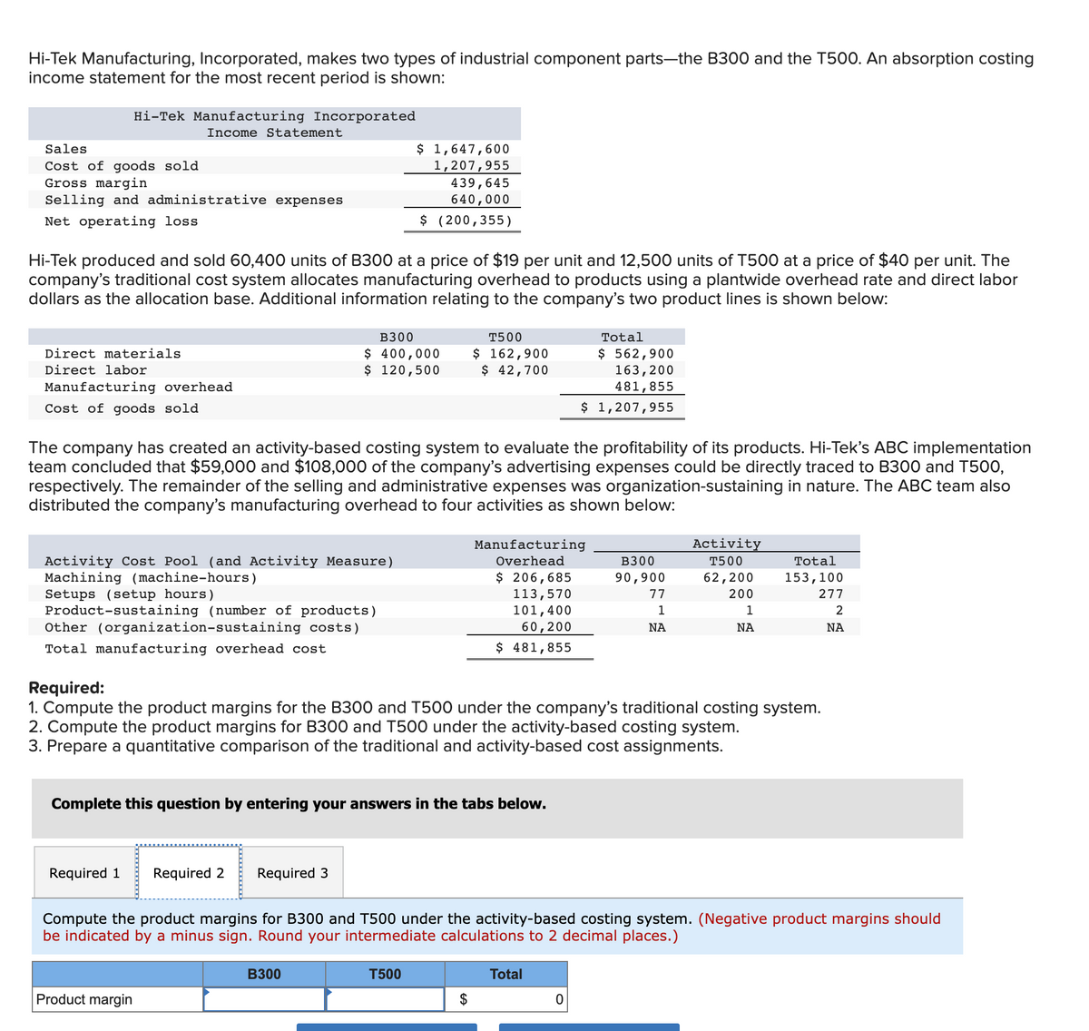 Hi-Tek Manufacturing, Incorporated, makes two types of industrial component parts-the B300 and the T500. An absorption costing
income statement for the most recent period is shown:
Hi-Tek Manufacturing Incorporated
Income Statement
$ 1,647,600
1,207,955
439,645
640,000
Sales
Cost of goods sold
Gross margin
Selling and administrative expenses
Net operating loss
$ (200,355)
Hi-Tek produced and sold 60,400 units of B300 at a price of $19 per unit and 12,500 units of T500 at a price of $40 per unit. The
company's traditional cost system allocates manufacturing overhead to products using a plantwide overhead rate and direct labor
dollars as the allocation base. Additional information relating to the company's two product lines is shown below:
B300
T500
Total
$ 400,000
$ 120,500
$ 162,900
$ 42,700
$ 562,900
163,200
Direct materials
Direct labor
Manufacturing overhead
481,855
Cost of goods sold
$ 1,207,955
The company has created an activity-based costing system to evaluate the profitability of its products. Hi-Tek's ABC implementation
team concluded that $59,000 and $108,000 of the company's advertising expenses could be directly traced to B300 and T500,
respectively. The remainder of the selling and administrative expenses was organization-sustaining in nature. The ABC team also
distributed the company's manufacturing overhead to four activities as shown below:
Manufacturing
Activity
Activity Cost Pool (and Activity Measure)
Machining (machine-hours)
Setups (setup hours)
Product-sustaining (number of products)
Other (organization-sustaining costs)
Overhead
B300
T500
Total
$ 206,685
113,570
101,400
90,900
62,200
153,100
77
200
277
1
1
60,200
NA
NA
NA
Total manufacturing overhead cost
$ 481,855
Required:
1. Compute the product margins for the B300 and T500 under the company's traditional costing system.
2. Compute the product margins for B300 and T500 under the activity-based costing system.
3. Prepare a quantitative comparison of the traditional and activity-based cost assignments.
Complete this question by entering your answers in the tabs below.
Required 1
Required 2
Required 3
Compute the product margins for B300 and T500 under the activity-based costing system. (Negative product margins should
be indicated by a minus sign. Round your intermediate calculations to 2 decimal places.)
B300
T500
Total
Product margin
$
