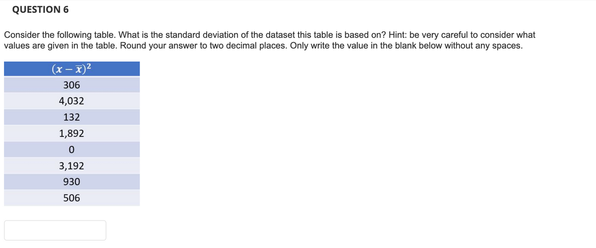 QUESTION 6
Consider the following table. What is the standard deviation of the dataset this table is based on? Hint: be very careful to consider what
values are given in the table. Round your answer to two decimal places. Only write the value in the blank below without any spaces.
(x − x)²
306
4,032
132
1,892
0
3,192
930
506