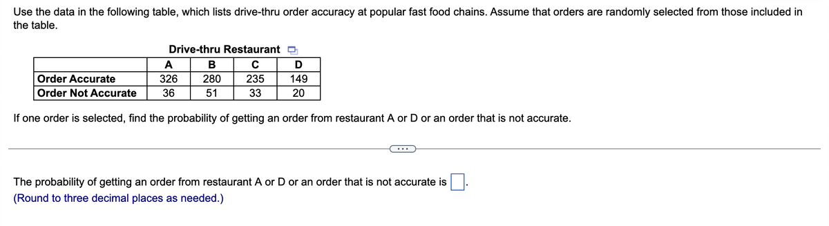 Use the data in the following table, which lists drive-thru order accuracy at popular fast food chains. Assume that orders are randomly selected from those included in
the table.
Order Accurate
Order Not Accurate
Drive-thru Restaurant
C
235
33
A
326
36
B
280
51
D
149
20
If one order is selected, find the probability of getting an order from restaurant A or D or an order that is not accurate.
The probability of getting an order from restaurant A or D or an order that is not accurate is
(Round to three decimal places as needed.)