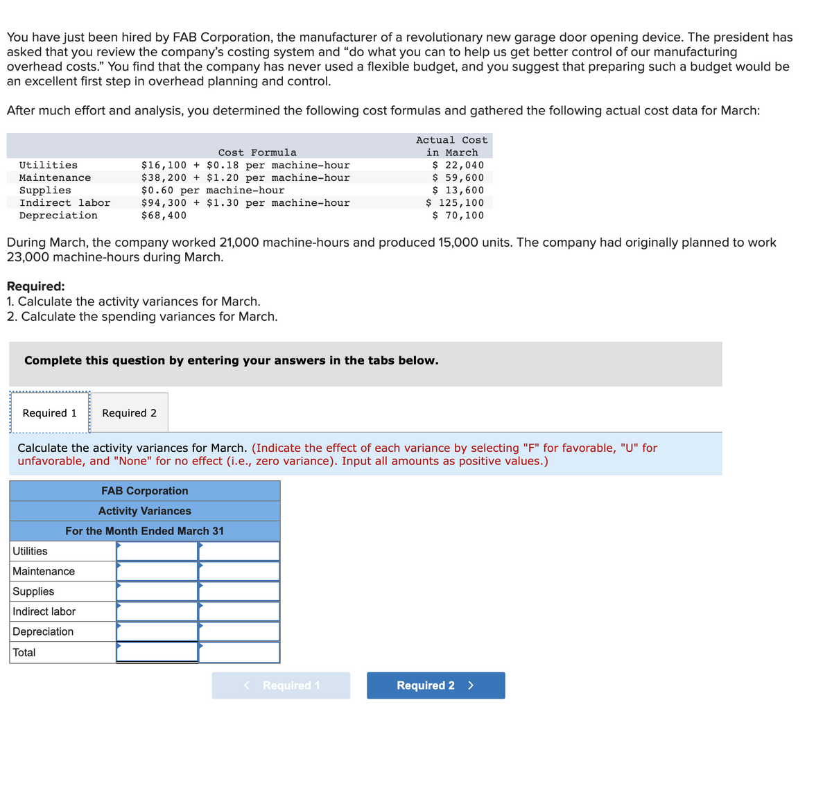 You have just been hired by FAB Corporation, the manufacturer of a revolutionary new garage door opening device. The president has
asked that you review the company's costing system and "do what you can to help us get better control of our manufacturing
overhead costs." You find that the company has never used a flexible budget, and you suggest that preparing such a budget would be
an excellent first step in overhead planning and control.
After much effort and analysis, you determined the following cost formulas and gathered the following actual cost data for March:
Actual Cost
in March
$ 22,040
$ 59,600
$ 13,600
$ 125,100
$ 70,100
Cost Formula
$16,100 + $0.18 per machine-hour
$38,200 + $1.20 per machine-hour
$0.60 per machine-hour
$94,300 + $1.30 per machine-hour
$68,400
Utilities
Maintenance
Supplies
Indirect labor
Depreciation
During March, the company worked 21,000 machine-hours and produced 15,000 units. The company had originally planned to work
23,000 machine-hours during March.
Required:
1. Calculate the activity variances for March.
2. Calculate the spending variances for March.
Complete this question by entering your answers in the tabs below.
Required 1
Required 2
Calculate the activity variances for March. (Indicate the effect of each variance by selecting "F" for favorable, "U" for
unfavorable, and "None" for no effect (i.e., zero variance). Input all amounts as positive values.)
FAB Corporation
Activity Variances
For the Month Ended March 31
Utilities
Maintenance
Supplies
Indirect labor
Depreciation
Total
< Required 1
Required 2 >
