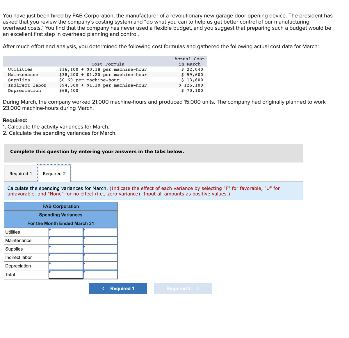 You have just been hired by FAB Corporation, the manufacturer of a revolutionary new garage door opening device. The president has
asked that you review the company's costing system and "do what you can to help us get better control of our manufacturing
overhead costs." You find that the company has never used a flexible budget, and you suggest that preparing such a budget would be
an excellent first step in overhead planning and control.
After much effort and analysis, you determined the following cost formulas and gathered the following actual cost data for March:
Actual Cost
in March
$ 22,040
$ 59,600
$ 13,600
$ 125,100
$ 70,100
Cost Formula
$16,100 + $0.18 per machine-hour
$38,200 + $1.20 per machine-hour
$0.60 per machine-hour
$94,300 + $1.30 per machine-hour
$68,400
Utilities
Maintenance
Supplies
Indirect labor
Depreciation
During March, the company worked 21,000 machine-hours and produced 15,000 units. The company had originally planned to work
23,000 machine-hours during March.
Required:
1. Calculate the activity variances for March.
2. Calculate the spending variances for March.
Complete this question by entering your answers in the tabs below.
Required 1
Required 2
Calculate the spending variances for March. (Indicate the effect of each variance by selecting "F" for favorable, "U" for
unfavorable, and "None" for no effect (i.e., zero variance). Input all amounts as positive values.)
FAB Corporation
Spending Variances
For the Month Ended March 31
Utilities
Maintenance
Supplies
Indirect labor
Depreciation
Total
< Required 1
Required 2 >
