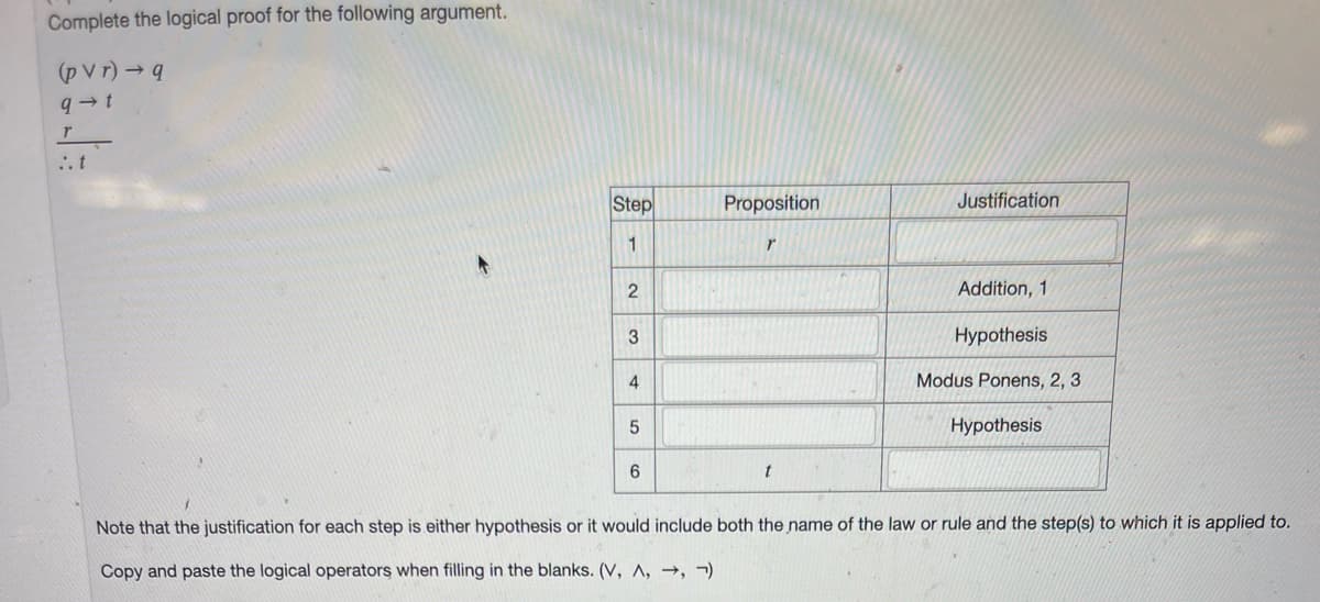 Complete the logical proof for the following argument.
(p V r) → q
..t
Step
Proposition
Justification
1
Addition, 1
Hypothesis
4
Modus Ponens, 2, 3
Hypothesis
Note that the justification for each step is either hypothesis or it would include both the name of the law or rule and the step(s) to which it is applied to.
Copy and paste the logical operators when filling in the blanks. (V, A, →, )
