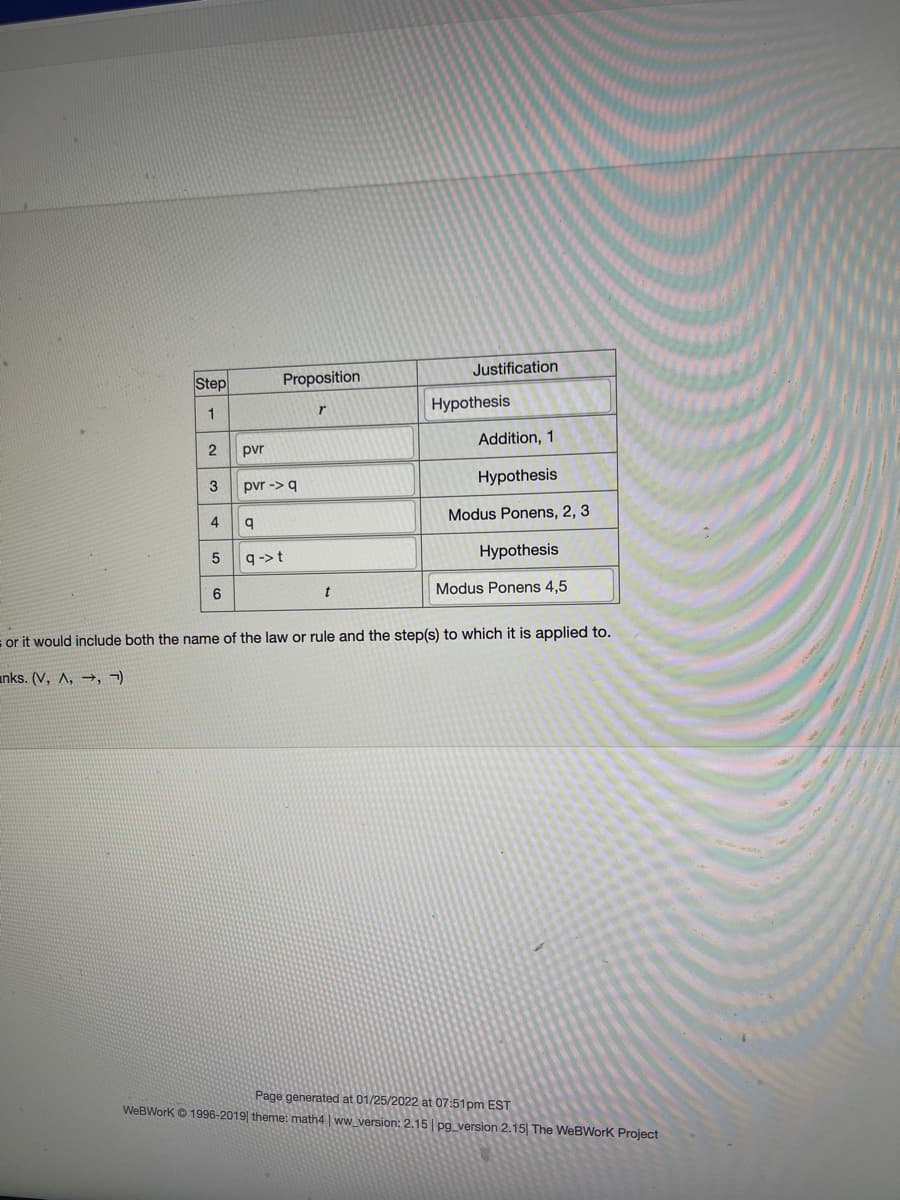 Justification
Step
Proposition
Hypothesis
Addition, 1
2
pvr
Hypothesis
3
pvr -> q
Modus Ponens, 2, 3
q ->t
Hypothesis
t
Modus Ponens 4,5
6
s or it would include both the name of the law or rule and the step(s) to which it is applied to.
anks. (V, A, →, ¬)
Page generated at 01/25/2022 at 07:51pm EST
WeBWork © 1996-2019| theme: math4 | ww_version: 2.15 | pg version 2.15| The WeBWorK Project
4-
