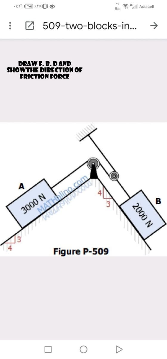 a 46 l Asiacell
B/s
Z 509-two-blocks-in...
DRAW F. B. D AND
SHOWTHE DIRECTION OF
FRICTION FORCE
3000 N
MATHlino com
B
Figure P-509
2000 N
