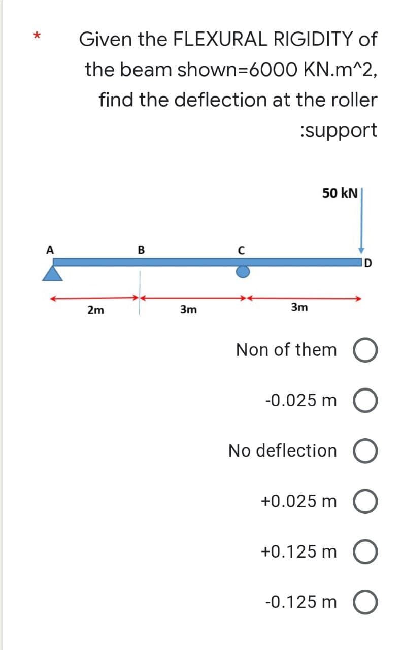 *
A
Given the FLEXURAL RIGIDITY of
the beam shown=6000 KN.m^2,
find the deflection at the roller
:support
50 kN
B
C
3m
Non of them O
-0.025 m
No deflection
+0.025 m
+0.125 m
-0.125 m O
2m
3m