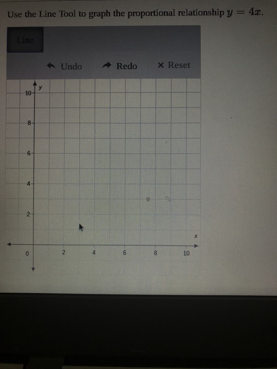 Use the Line Tool to graph the proportional relationship y = 4x.
Line
< Undo
Redo
X Reset
y
10-
8-
4
2-
X
2
4
6.
8.
10
