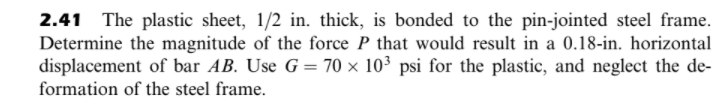 2.41 The plastic sheet, 1/2 in. thick, is bonded to the pin-jointed steel frame.
Determine the magnitude of the force P that would result in a 0.18-in. horizontal
displacement of bar AB. Use G = 70 × 10³ psi for the plastic, and neglect the de-
formation of the steel frame.
