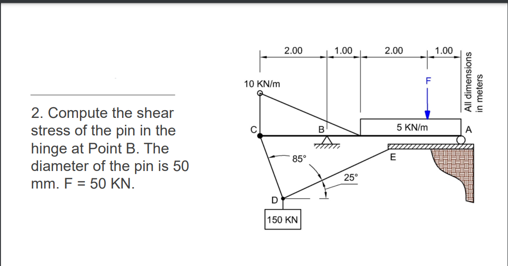 2.00
1.00
2.00
1.00
10 KN/m
F
2. Compute the shear
stress of the pin in the
hinge at Point B. The
diameter of the pin is 50
mm. F = 50 KN.
В
5 KN/m
A
85°
25°
150 KN
All dimensions
in meters
