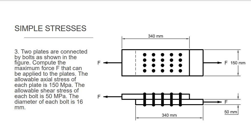 SIMPLE STRESSES
340 mm
3. Two plates are connected
by bolts as shown in the
figure. Compute the
maximum force F that can
be applied to the plates. The
allowable axial stress of
each plate is 150 Mpa. The
allowable shear stress of
each bolt is 50 MPa. The
diameter of each bolt is 16
F
> F 150 mm
mm.
50 mm
340 mm
