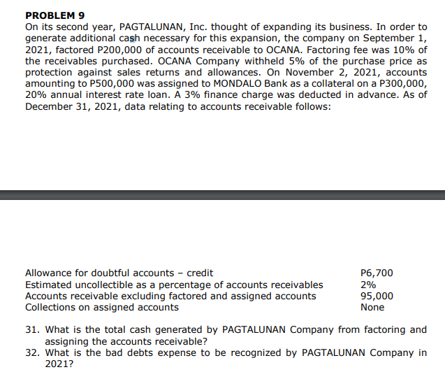 PROBLEM 9
On its second year, PAGTALUNAN, Inc. thought of expanding its business. In order to
generate additional cash necessary for this expansion, the company on September 1,
2021, factored P200,000 of accounts receivable to OCANA. Factoring fee was 10% of
the receivables purchased. OCANA Company withheld 5% of the purchase price as
protection against sales returns and allowances. On November 2, 2021, accounts
amounting to P500,000 was assigned to MONDALO Bank as a collateral on a P300,000,
20% annual interest rate loan. A 3% finance charge was deducted in advance. As of
December 31, 2021, data relating to accounts receivable follows:
Allowance for doubtful accounts - credit
P6,700
Estimated uncollectible as a percentage of accounts receivables
Accounts receivable excluding factored and assigned accounts
Collections on assigned accounts
2%
95,000
None
31. What is the total cash generated by PAGTALUNAN Company from factoring and
assigning the accounts receivable?
32. What is the bad debts expense to be recognized by PAGTALUNAN Company in
2021?
