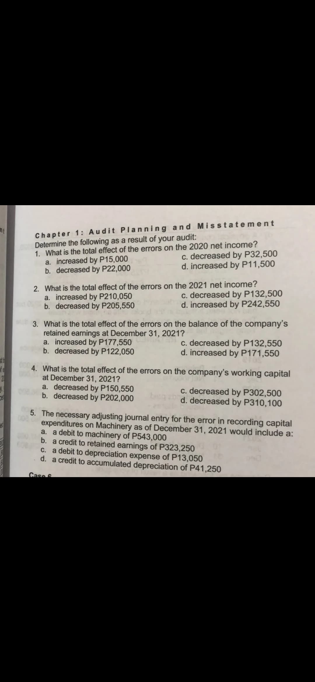 Chapter 1: Audit Planning and Misstate ment
Determine the following as a result of your audit:
1. What is the total effect of the errors on the 2020 net income?
a. increased by P15,000
b. decreased by P22,000
c. decreased by P32,500
d. increased by P11,500
2. What is the total effect of the errors on the 2021 net income?
a. increased by P210,050
b. decreased by P205,550
c. decreased by P132,500
d. increased by P242,550
3. What is the total effect of the errors on the balance of the company's
retained earnings at December 31, 2021?
a. increased by P177,550
b. decreased by P122,050
c. decreased by P132,550
d. increased by P171,550
4. What is the total effect of the errors on the company's working capital
at December 31, 2021?
a. decreased by P150,550
b. decreased by P202,000
2
c. decreased by P302,500
d. decreased by P310,100
5. The necessary adjusting journal entry for the error in recording capital
expenditures on Machinery as of December 31, 2021 would include a:
a. a debit to machinery of P543,000
b. a credit to retained earnings of P323,250
c. a debit to depreciation expense of P13,050
d. a credit to accumulated depreciation of P41,250
Case 6
