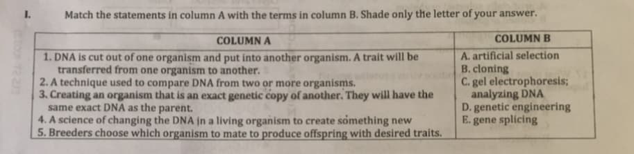 1.
Match the statements in column A with the terms in column B. Shade only the letter of your answer.
COLUMN A
COLUMN B
1. DNA is cut out of one organism and put into another organism. A trait will be
transferred from one organism to another.
2. A technique used to compare DNA from two or more organisms.
3. Creating an organism that is an exact genetic copy of another. They will have the
same exact DNA as the parent.
4. A science of changing the DNA jn a living organism to create something new
5. Breeders choose which organism to mate to produce offspring with desired traits.
A. artificial selection
B. cloning
C. gel electrophoresis;
analyzing DNA
D. genetic engineering
E. gene splícing
