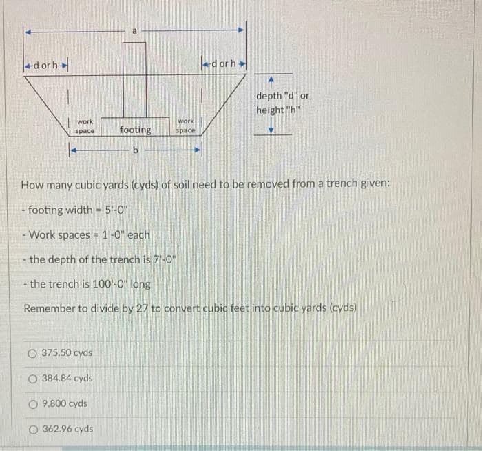 ←d or h
work
space
O 375.50 cyds
384.84 cyds
9,800 cyds
a
How many cubic yards (cyds) of soil need to be removed from a trench given:
- footing width= 5'-0"
- Work spaces = 1'-0" each
the depth of the trench is 7'-0"
- the trench is 100'-0" long
Remember to divide by 27 to convert cubic feet into cubic yards (cyds)
362.96 cyds
work
footing space
b
dor h
depth "d" or
height "h"