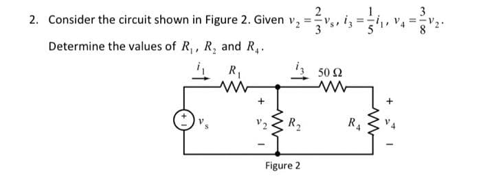 2. Consider the circuit shown in Figure 2. Given V₂
Determine the values of R₁, R₂ and R₁.
i₁
R₁
ww
+
V2
R₂
Figure 2
2
50 Ω
ww
RA