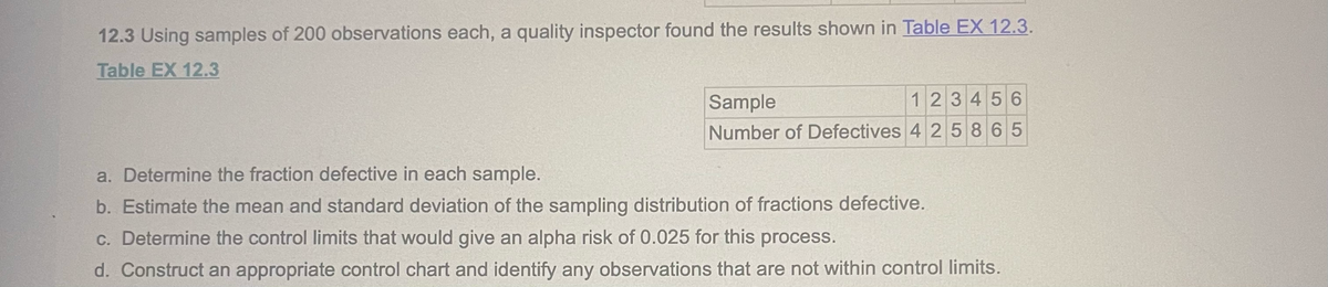 12.3 Using samples of 200 observations each, a quality inspector found the results shown in Table EX 12.3.
Table EX 12.3
Sample
123456
Number of Defectives 425865
a. Determine the fraction defective in each sample.
b. Estimate the mean and standard deviation of the sampling distribution of fractions defective.
c. Determine the control limits that would give an alpha risk of 0.025 for this process.
d. Construct an appropriate control chart and identify any observations that are not within control limits.