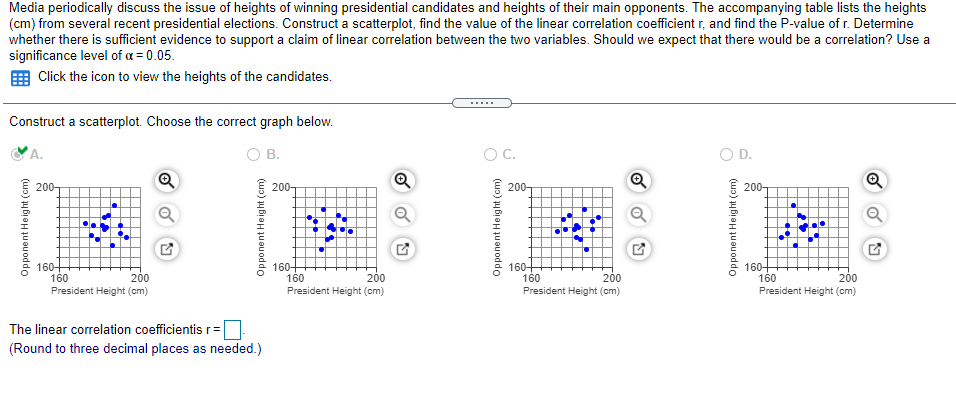 Media periodically discuss the issue of heights of winning presidential candidates and heights of their main opponents. The accompanying table lists the heights
(cm) from several recent presidential elections. Construct a scatterplot, find the value of the linear correlation coefficient r, and find the P-value of r. Determine
whether there is sufficient evidence to support a claim of linear correlation between the two variables. Should we expect that there would be a correlation? Use a
significance level of a = 0.05.
Click the icon to view the heights of the candidates.
.....
Construct a scatterplot. Choose the correct graph below.
A.
ОВ.
OC.
O D.
200-
200-
200-
200-
160+
160
President Height (om)
160+
160
President Height (cm)
160+
160
President Height (cm)
160+
160
President Height (cm)
200
200
200
200
The linear correlation coefficientis r=|
(Round to three decimal places as needed.)
Opponent Height (cm)
Opponent Height (cm)
of
Opponent Height (cm)
of
Opponent Height (cm)
of
