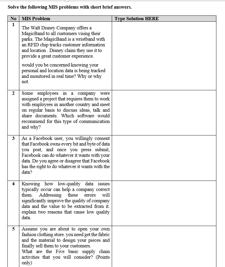 Solve the following MIS problems with short brief answers.
No MIS Problem
Type Solution HERE
1
The Walt Disney Company offers a
MagicBand to all customers vising their
parks. The MagicBand is a wristband with
an RFID chip tracks customer information
and location . Disney claim they use it to
provide a great customer experience.
would you be concerned knowing your
personal and location data is being tracked
and monitored in real time? Why or why
not.
Some employees in a company were
assigned a project that requires them to work
with employees in another country and meet
on regular basis to discuss ideas, talk and
share documents. Which software would
2
recommend for this type of communication
and why?
As a Facebook user, you willingly consent
that Facebook owns every bit and byte of data
you post, and once you press submit,
Facebook can do whatever it wants with your
data. Do you agree or disagree that Facebook
has the right to do whatever it wants with the
3
data?
4 Knowing how low-quality data issues
typically occur can help a company correct
them. Addressing these errors will
significantly improve the quality of company
data and the value to be extracted from it.
explain two reasons that cause low quality
data.
Assume you are about to open your own
fashion clothing store. you need get the fabric
and the material to design your pieces and
finally sell them to your customers.
What are the Five basic supply chain
activities that you will consider? (Points
only)
