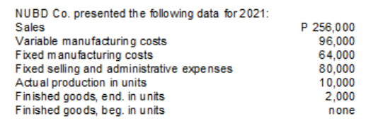 NUBD Co. presented the following data for 2021:
Sales
Variable manufacuring costs
Fixed manufacturing costs
Fixed selling and administrative expenses
Adual production in units
Finished goods, end. in units
Finished goods, beg. in units
P 256,000
96,000
64,000
80,000
10,000
2,000
none
