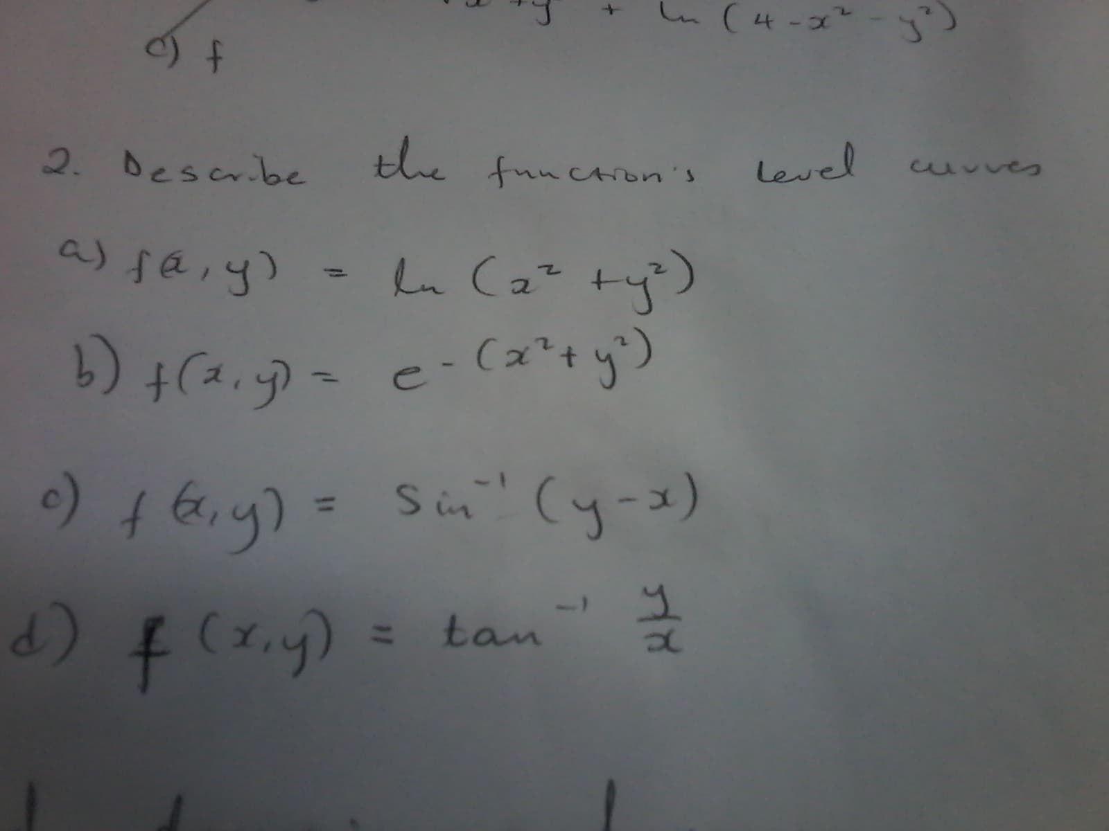 2. Describe
the function's
level
uvves
a) faiy)
-L (2 ty)
%3D
76y) = Sin(y-s)
d) f(y) = tan
%3D
