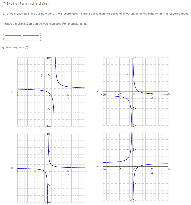 (f) Give the inflection points of ƒ (z).
Enter your answers in increasing order of the -coordinate. If there are less than two points of inflection, enter NA in the remaining response areas.
Include a multiplication sign between symbols. For example, a · .
(g) Select the graph of f(z).
10-
5
(a)
(c)
-10.
-5.
10
- 10
-5
+0
-10
10-
5-
(b)
-10
(d)
-10
-5
10
0.
10
