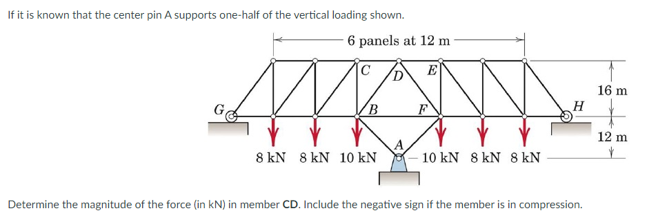 If it is known that the center pin A supports one-half of the vertical loading shown.
6 panels at 12 m
C
E
D
16 m
H
G,
B
12 m
A
10 kN 8 kN 8 kN
8 kN 8 kN 10 kN
Determine the magnitude of the force (in kN) in member CD. Include the negative sign if the member is in compression.
