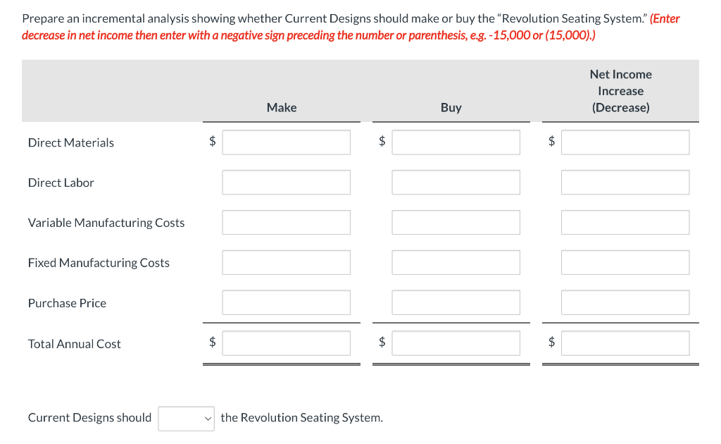 Prepare an incremental analysis showing whether Current Designs should make or buy the "Revolution Seating System." (Enter
decrease in net income then enter with a negative sign preceding the number or parenthesis, e.g. -15,000 or (15,000).)
Net Income
Increase
Make
Buy
(Decrease)
Direct Materials
2$
$4
$
Direct Labor
Variable Manufacturing Costs
Fixed Manufacturing Costs
Purchase Price
Total Annual Cost
2$
$
$
Current Designs should
the Revolution Seating System.
