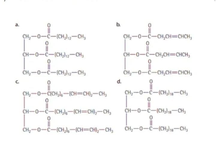 a.
b.
CH,-0-C-(CH,)12-CH
CH,-0-C-CH,CH=CHCH,
CH-0-C-(CH,)12-CH,
CH-0-C-CH,CH=CHCH,
CH,-0-C-(CH,)12-CH,
CH,-0-C-CH,CH=CHCH,
C.
d.
CH,-0-CICH,l(CH=CH),-CH,
CH,-0-C-(CH,)18-CH
CH-0-C-(CH,)6-(CH=CH),-CH,
CH-0-C-(CH,)1-CH,
ČH-0-C-(CH,)l-(CH=CH);-CH,
CH,-0-C-(CH,)18-CH
