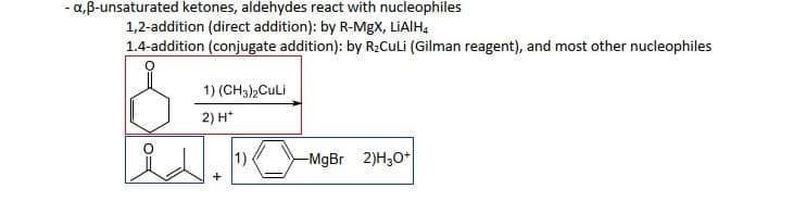 -a, B-unsaturated ketones, aldehydes react with nucleophiles
1,2-addition (direct addition): by R-MgX, LiAlH4
1.4-addition (conjugate addition): by R₂CuLi (Gilman reagent), and most other nucleophiles
1) (CH3)2CuLi
2) H*
+
1)
-MgBr 2)H₂O+