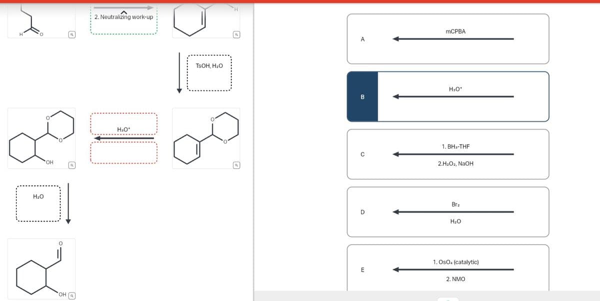 O
H₂O
OH
O
OH
| a
Q
2. Neutralizing work-up
H3O+
TSOH, H₂O
O
A
B
C
D
E
mCPBA
H3O+
1. BH3-THF
2.H₂O2, NaOH
Br₂
H₂O
1. OsO4 (catalytic)
2. NMO