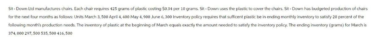 Sit-Down Ltd manufactures chairs. Each chair requires 425 grams of plastic costing $0.34 per 10 grams. Sit-Down uses the plastic to cover the chairs. Sit-Down has budgeted production of chairs
for the next four months as follows: Units March 3, 500 April 4,400 May 4,900 June 6,300 Inventory policy requires that sufficent plastic be in ending monthly inventory to satisfy 20 percent of the
following month's production needs. The inventory of plastic at the beginning of March equals exactly the amount needed to satisfy the inventory policy. The ending inventory (grams) for March is
374,000 297,500 535,500 416,500