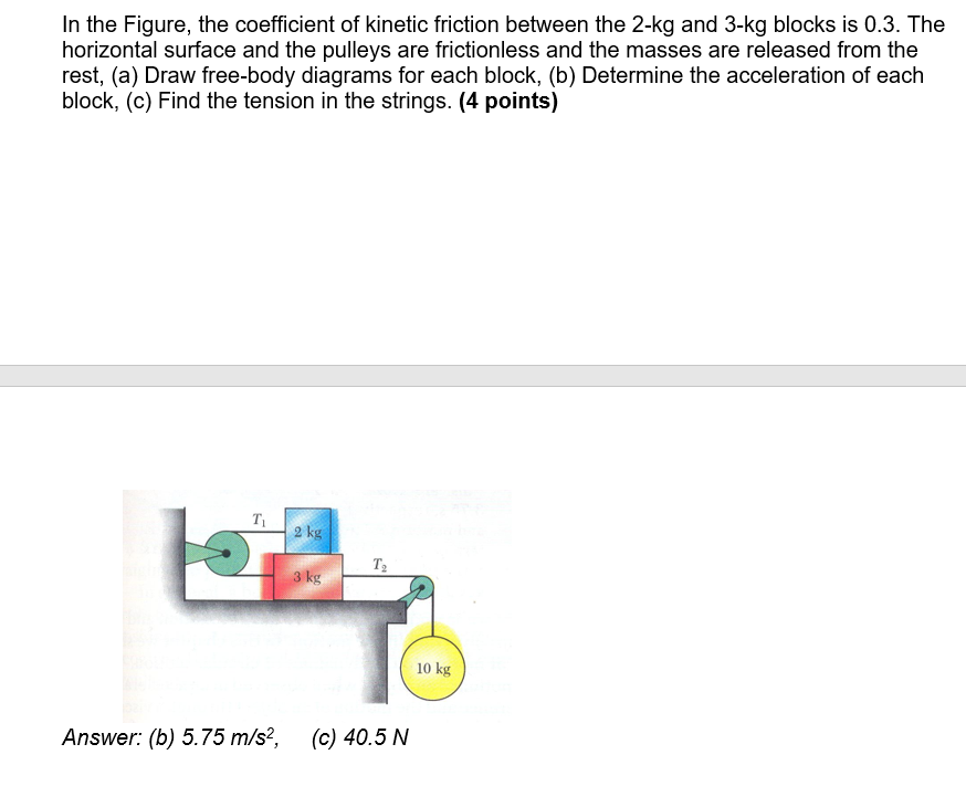 In the Figure, the coefficient of kinetic friction between the 2-kg and 3-kg blocks is 0.3. The
horizontal surface and the pulleys are frictionless and the masses are released from the
rest, (a) Draw free-body diagrams for each block, (b) Determine the acceleration of each
block, (c) Find the tension in the strings. (4 points)
T1
2 kg
T2
3 kg
10 kg
Answer: (b) 5.75 m/s?,
(c) 40.5 N
