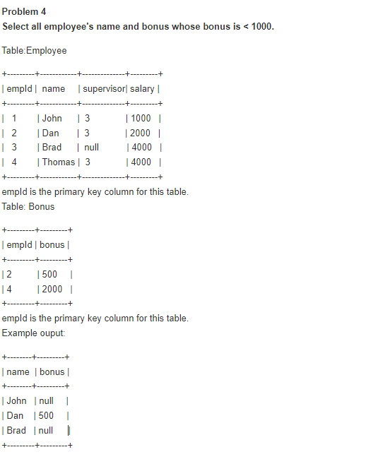 Problem 4
Select all employee's name and bonus whose bonus is < 1000.
Table:Employee
| empld | name
| supervisor| salary |
+-
| John
| 3
| Dan
| 3
| Brad
| null
| Thomas | 3
| 1000 |
| 2000 |
| 4000 |
| 4000 |
| 1
| 2
| 3
| 4
+---------+-
empld is the primary key column for this table.
Table: Bonus
| empld | bonus |
+-
| 500 I
| 2000 |
12
14
-+---------+
empld is the primary key column for this table.
Example ouput:
+----
| name | bonus |
+-----
------+
| John | null
| Dan
| 500 |
| Brad | null |
|
+.
