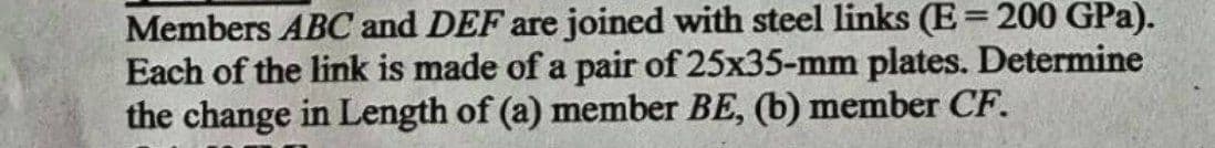 Members ABC and DEF are joined with steel links (E = 200 GPa).
Each of the link is made of a pair of 25x35-mm plates. Determine
the change in Length of (a) member BE, (b) member CF.