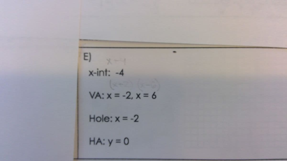 E)
X+
x-int: -4
VA: x = -2, x = 6
Hole: x = -2
HA: y = 0