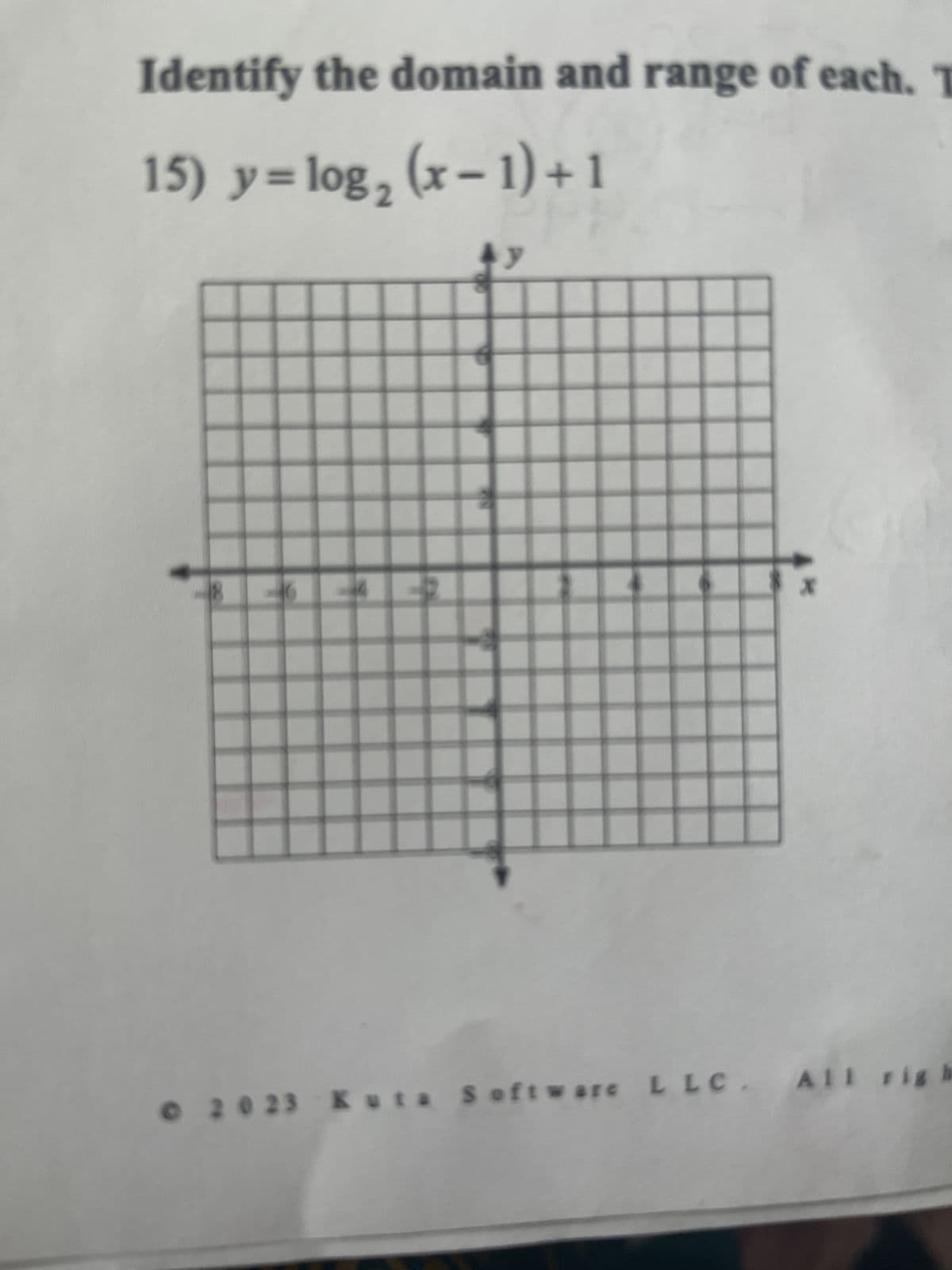 Identify the domain and range of each. T
15) y = log₂ (x-1)+1
46 -
y
© 2023 Kuta Software LLC. All righ